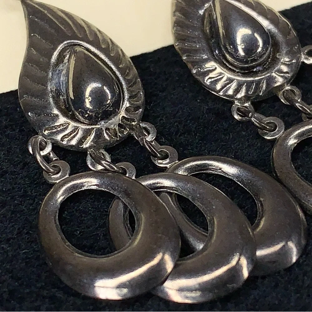 Vintage Rare Dark Silver Chrome Earrings Art Deco Dangle Chandelier Style Mod